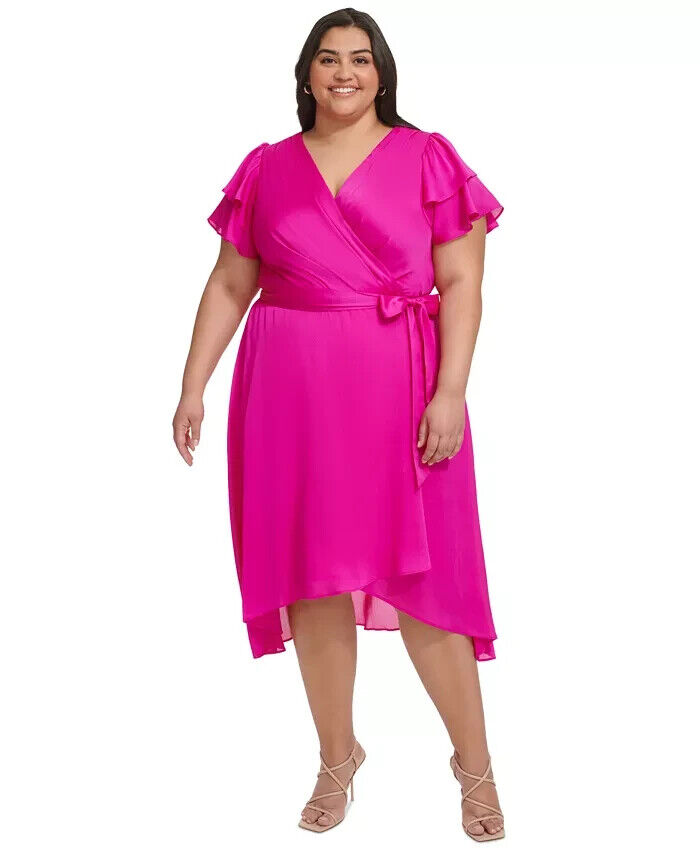 DKNY Plus Size Satin Ruffle-Sleeve High-Low Wrap Dress Women's 16W Power Pink - Picture 1 of 16