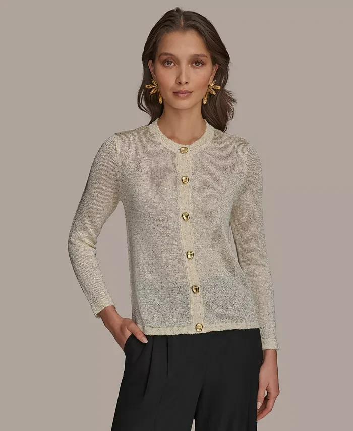 Donna Karan New York Metallic Cardigan Women's L Cream/Gold Button Front L/S - Picture 1 of 13