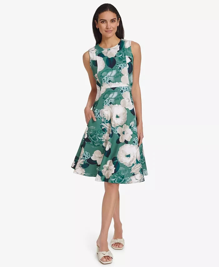 Womens Size 12 Calvin Klein Elegant Fit & Flare Dress Sequoia Green Floral NWT