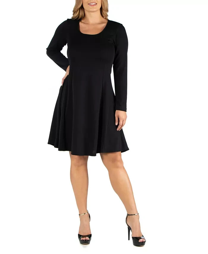 24seven Comfort Apparel Plus Size Long Sleeve Flared Dress Women's 1X Black~ - Picture 1 of 13