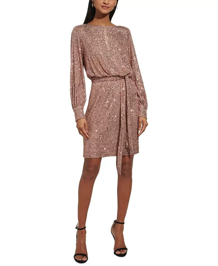 Eliza J Sequin Blouson-Sleeve Boat-Neck Dress Women's 10 Latte Back Zip Closure - Picture 1 of 18
