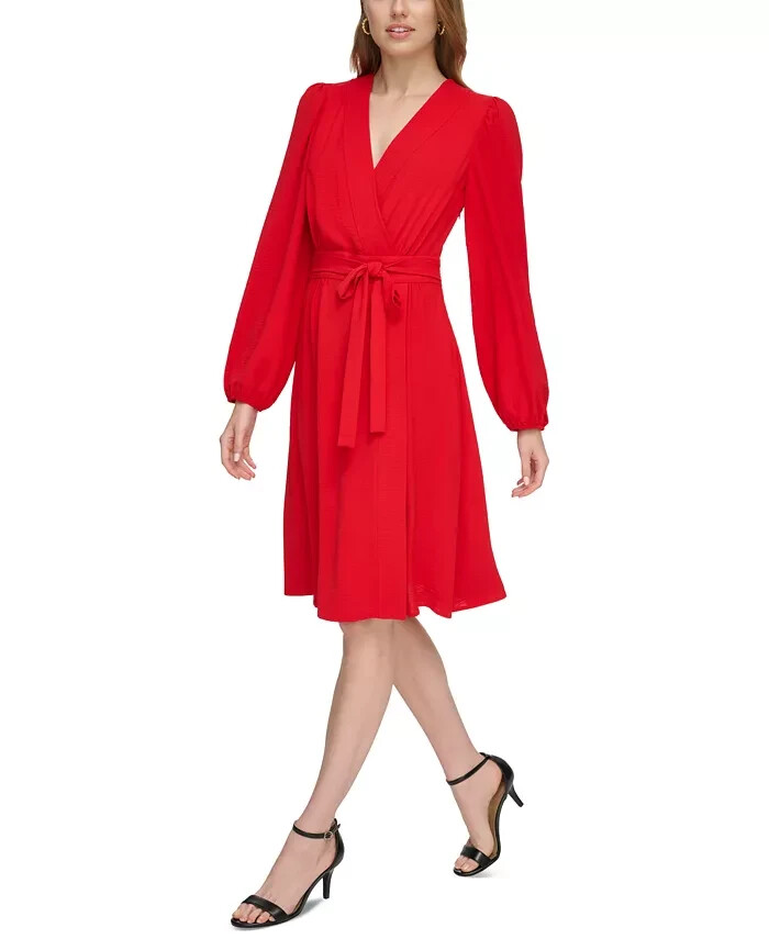 Tommy Hilfiger Faux-Wrap Blouson-Sleeve Midi Dress Womens 4 Red Side Zip Closure - Picture 1 of 16