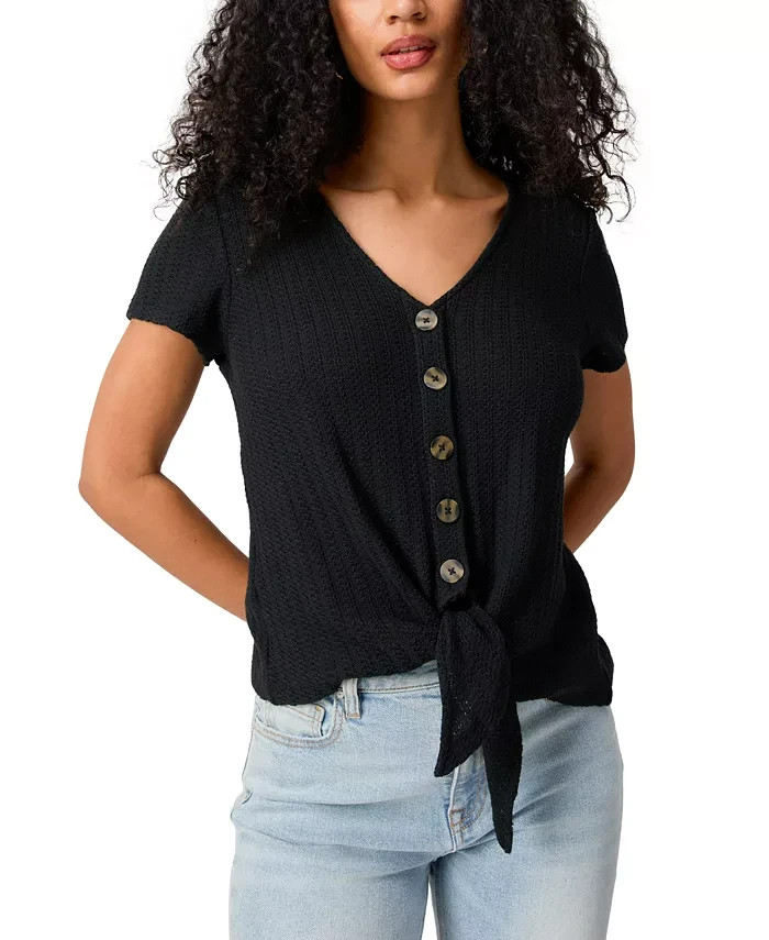 Sanctuary By My Side Tie-Front Pointelle Tee Women's XS Black Vneck Short Sleeve - Picture 1 of 17