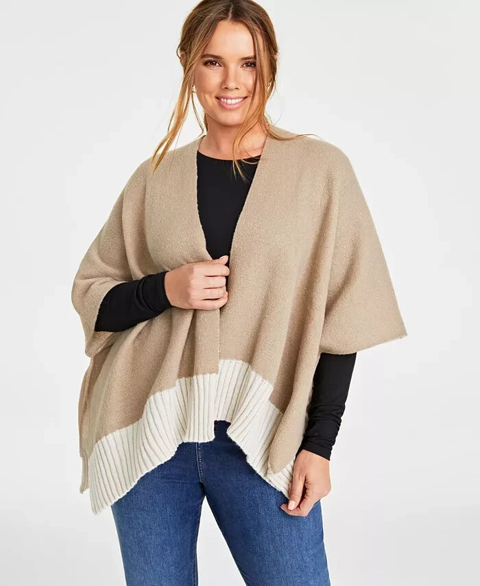On 34th Tight Knit Reversible Wrap Sweater Women's O/S Taupe/Ivory Open Front - Picture 1 of 13