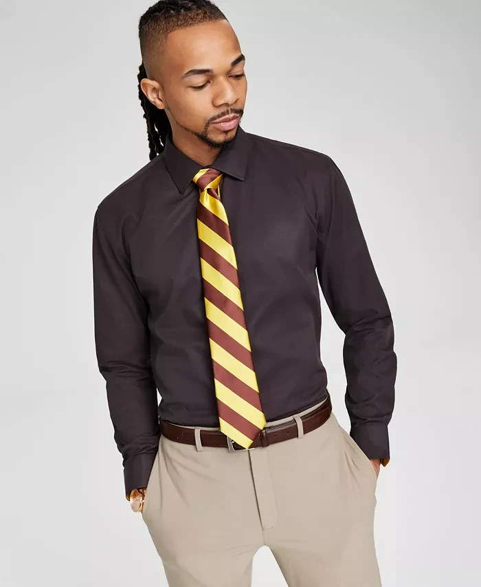 Tayion Collection Slim Fit Dress Shirt Men's L 16-16.5 32-33 Brown & Gold L/S - Picture 1 of 20