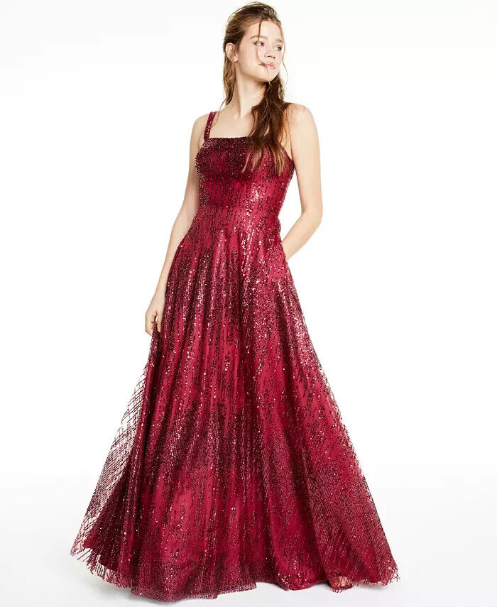 Say Yes to the Prom Glitter Mesh Gown Juniors' 7/8 Wine Square Neck Back Zip - Picture 1 of 16