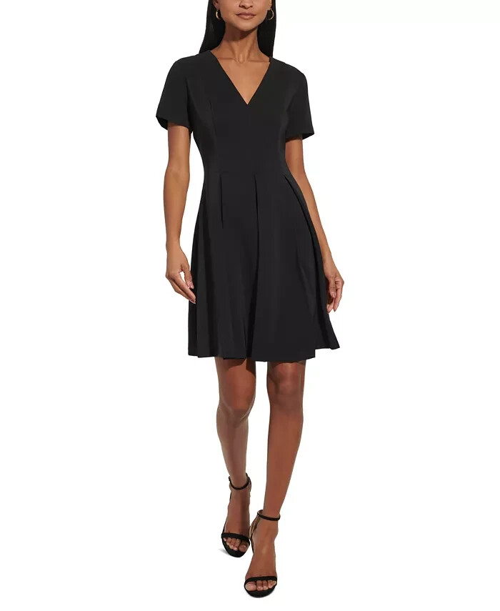 Tommy Hilfiger Petite V-Neck Pleated Fit & Flare Dress Women's 2P Black Back Zip - Picture 1 of 17
