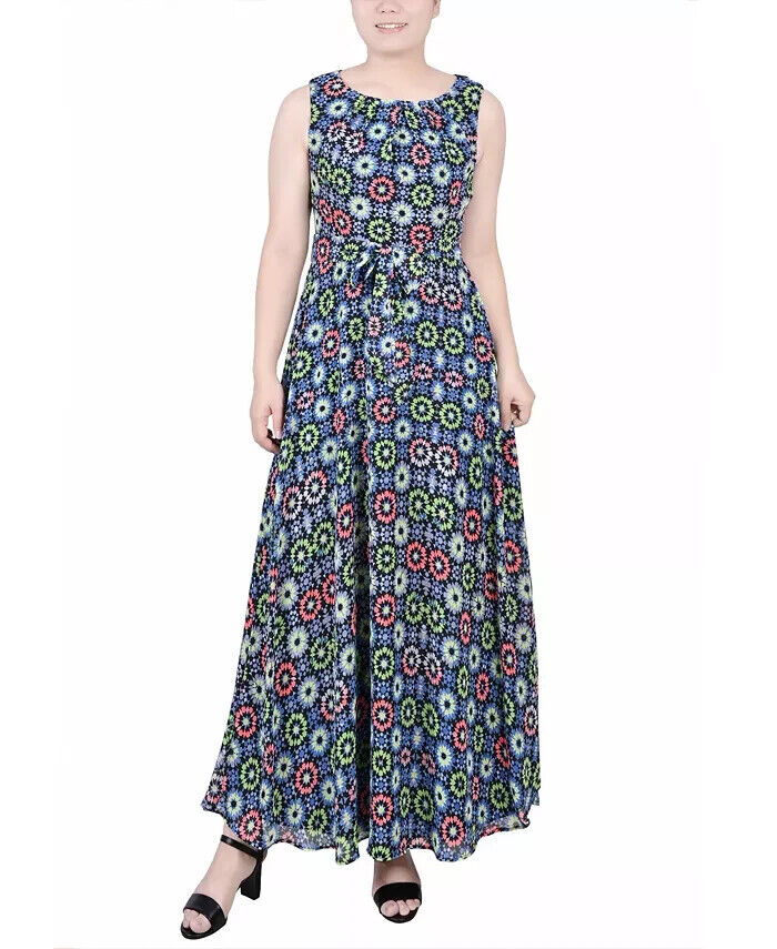 NY Collection Petite Sleeveless Belted Chiffon Maxi Dress Women's PS Blue Multi - Picture 1 of 13