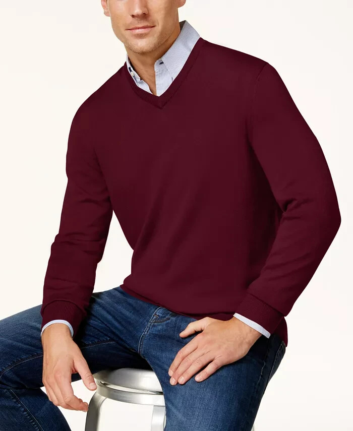 Club Room Solid V-Neck Merino Wool Blend Sweater Men's XXL Maroon Long Sleeve - Picture 1 of 15