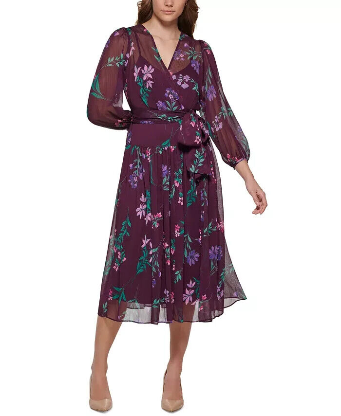 Calvin Klein Plus Size Floral Wrap Dress Women's 20W Eggplant Multi Back Zip - Picture 1 of 12
