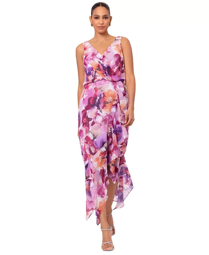 X by XSCAPE Floral Blouson Midi Dress Women's 6 Multi V-Neck Back Zip Closure - Picture 1 of 16