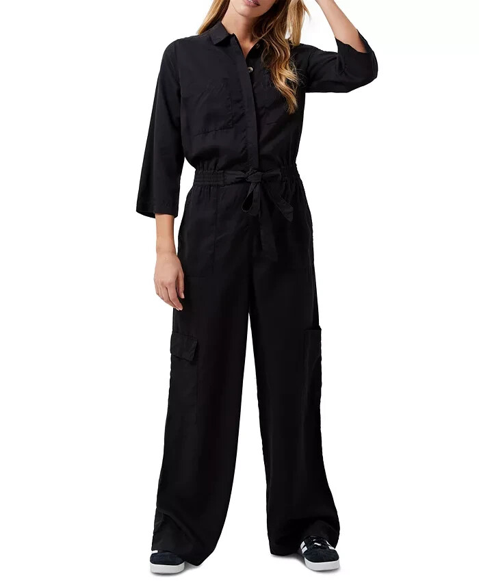 French Connection Elkie Button-Down Cargo Jumpsuit Women's M Black Tie Waist - Picture 1 of 20