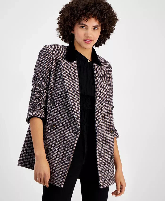 Avec Les Filles Velvet Lapel Wool Blend Blazer Women's L Camel/Black Houndstooth - Picture 1 of 20