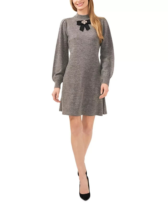 CeCe Embellished Bow Long-Sleeve Sweater Dress Women's XL Smoke Gray Pullover - Picture 1 of 16