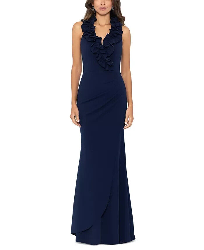 XSCAPE Ruffled-V-Neck Sleeveless Ruched Gown Women's 4 Navy Back Zip Closure - Picture 1 of 15