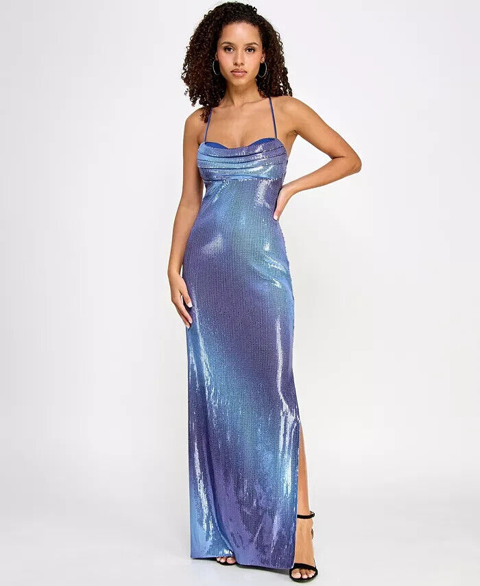 Violet Weekend Strappy Ombré Sequin Gown Juniors' Gradient Blue Lace Zip 3/4 - Picture 1 of 16