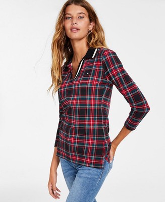 Tommy Hilfiger Women's Johnny Collar 3/4 Sleeve Top Black Size X-Small