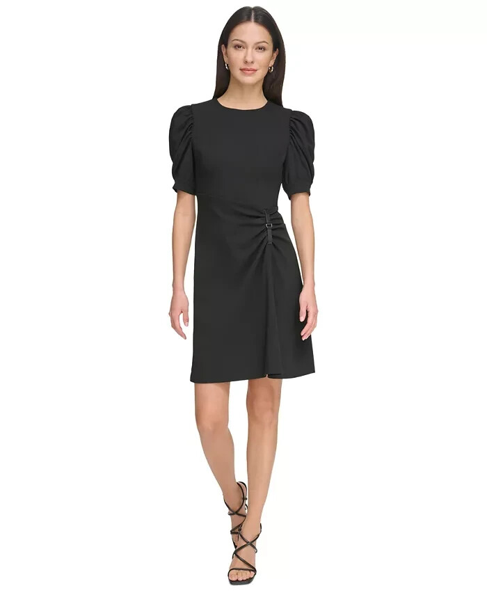 DKNY Puff-Sleeve Ruched Dress Women's 4 Black Round Neck Back Zip Closure S/S - Picture 1 of 19