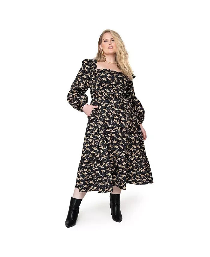 Leota Plus Size Fleur Dress Women's 2X Scattered Cheetah Black Square Neck L/S - Picture 1 of 14