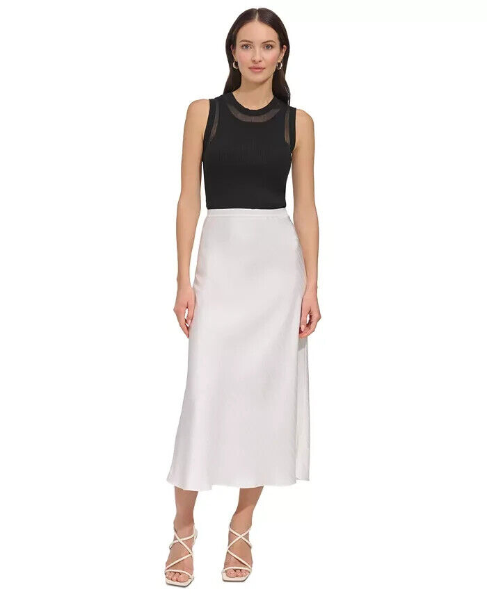 DKNY Jacquard-Stripe Slip Skirt Women's S Ivory Elastic Waist Pull On - Picture 1 of 15