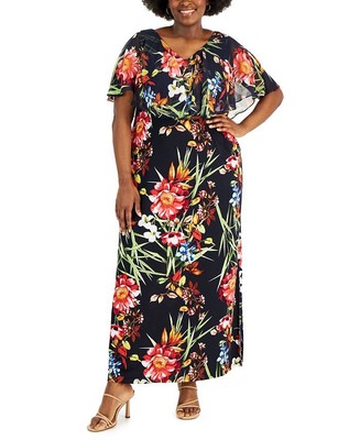 Connected Women's Printed Popover Detail Maxi Dress Blue Size 20W