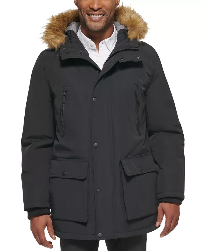 Club Room Parka with a Faux Fur-Hood Jacket Men's M Black Snap Closure L/S - Picture 1 of 15