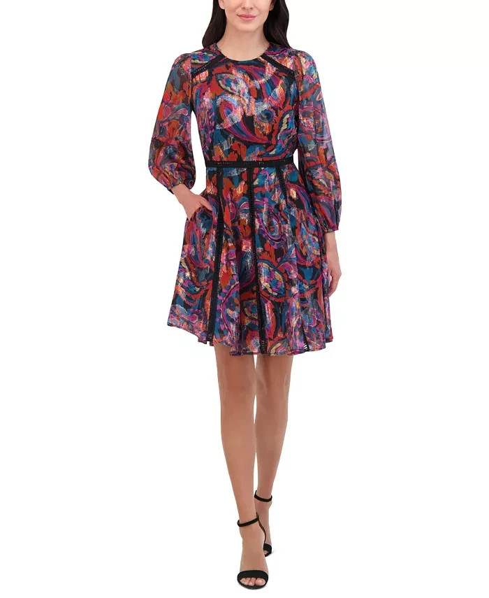 Vince Camuto Metallic Chiffon Fit & Flare Dress Women's 6 Multi Quarter Sleeve - Picture 1 of 18