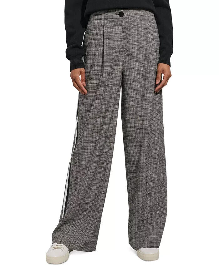 KARL LAGERFELD PARIS Plaid Side-Stripe Wide-Leg Pants Women's 10 Gray Multi - Picture 1 of 19