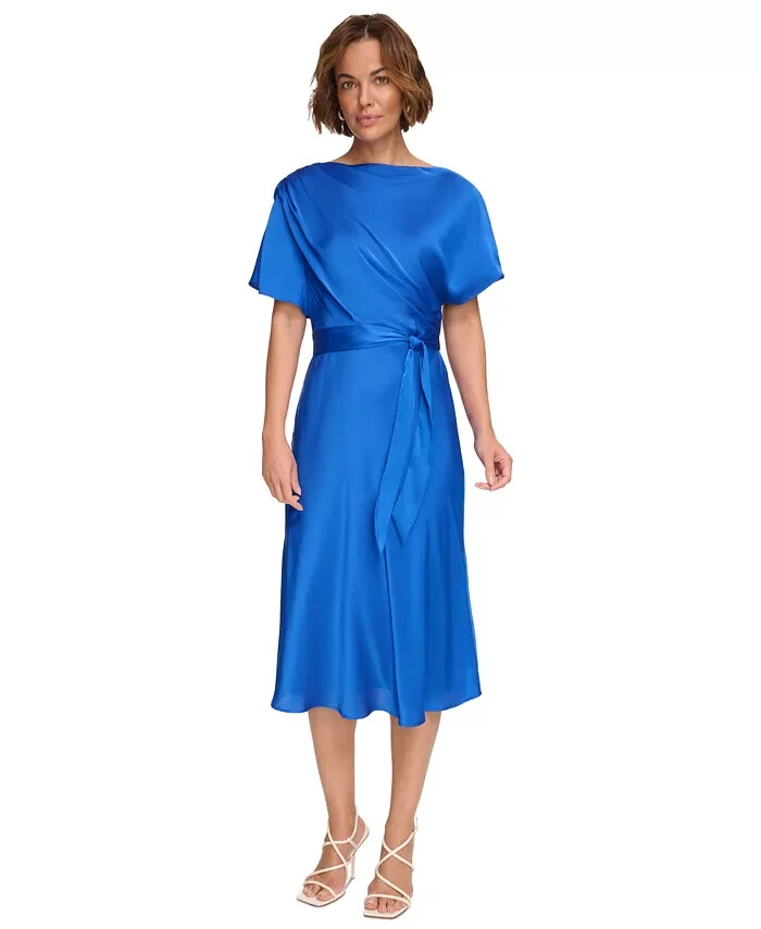 DKNY Cowlneck Dolman-Sleeve Belted Midi Dress Womens 6 Sapphire Side Zip Closure - Picture 1 of 16