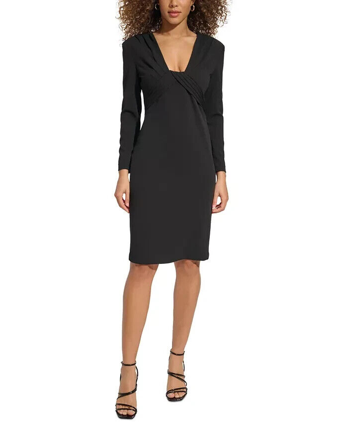 Calvin Klein Pleated Knee Length Sheath Dress Women's 4 Black Back Zip Closure - Picture 1 of 17