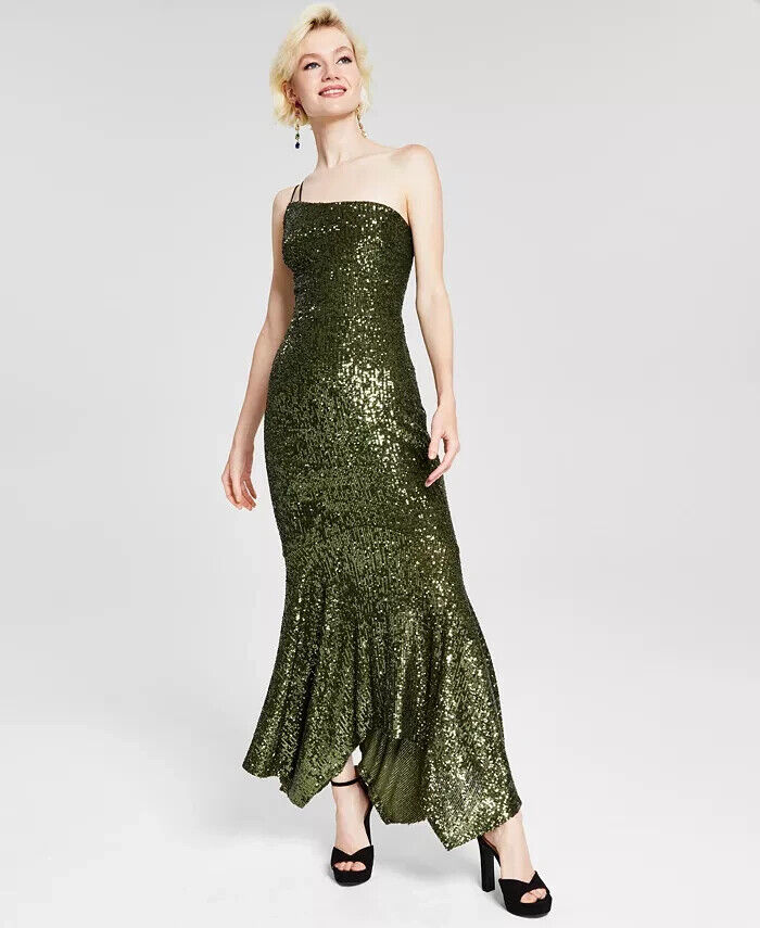 XSCAPE Asymmetric-Neck One-Strap Sequin Dress Women's 8 Olive Back Zip Closure - Picture 1 of 16