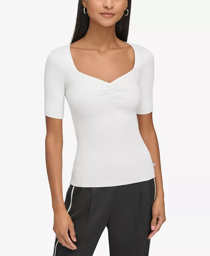 KARL LAGERFELD PARIS Sweetheart-Neck Sweater Women's S Soft White Short Sleeve - Picture 1 of 16