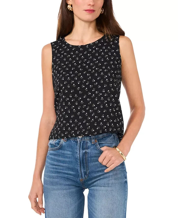 Vince Camuto Floral Crewneck Keyhole-Back Tank Top Women's S Rich Black Pullover - Picture 1 of 16