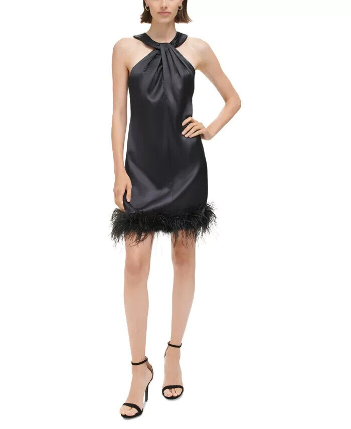 Eliza J Twist-Neck Feather-Trim Shift Dress Women's 6 Black Back Zip Closure - Picture 1 of 16