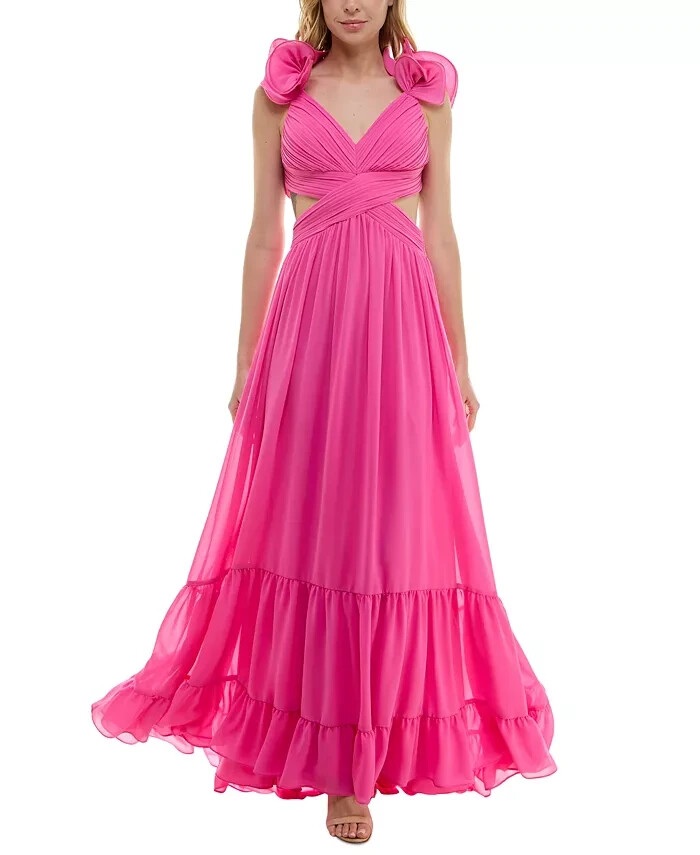 B. Darlin Ruffled Lace-Up-Back Gown Juniors 15/16 Bubblegum Sleeveless Back Zip - Picture 1 of 16