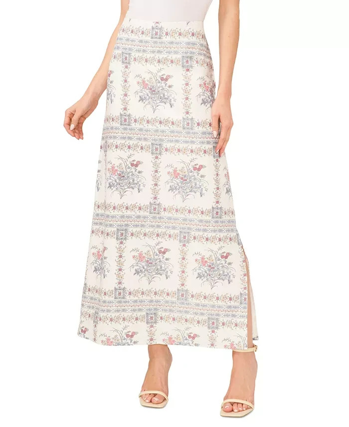 CeCe Floral Print A-Line Maxi Skirt Women's 2 Egret Multi Linen Blend Side Zip - Picture 1 of 15
