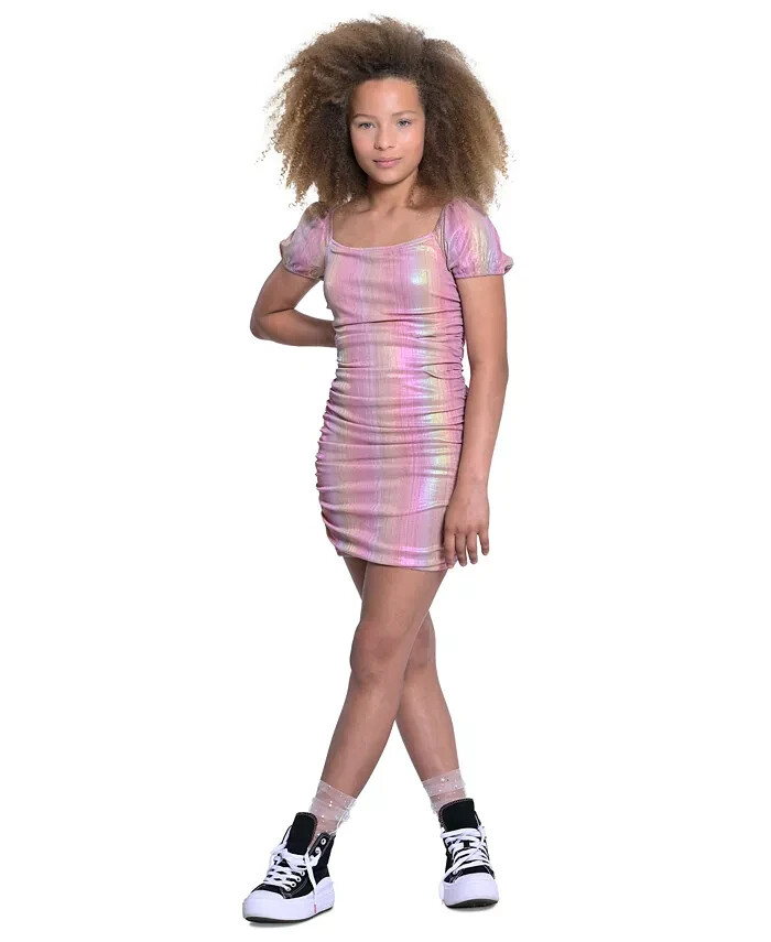 With Jules Ruched Square-Neck Mesh Dress Big Girls S Multi Short Sleeve Pullover - Picture 1 of 16