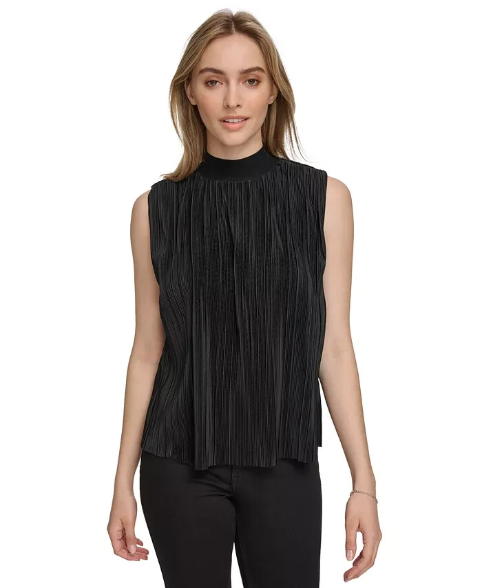 Calvin Klein Plisse Mock-Neck Sleeveless Top Women's S Black Back Zip Closure - Picture 1 of 14
