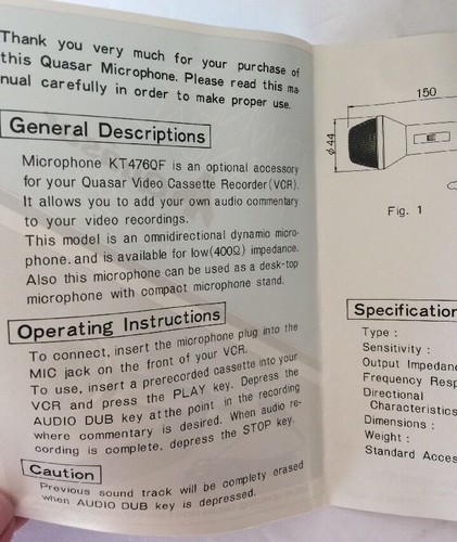 Vintage Quasar MICROPHONE MODEL KT476 QF NEW Japan