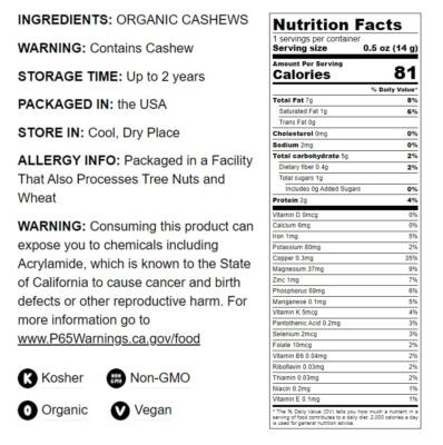 Organic Dry Roasted Whole Cashews – Non-GMO, Unsalted, No Oil Added, Kosher,Bulk