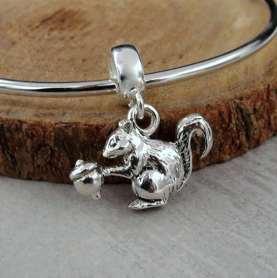 Silver Squirrel Dangle Charm - Squirrel European Charm - Squirrel Big Hole Bead