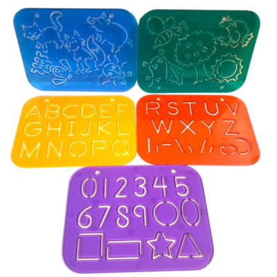 5 pc Drawing Stencil Set ABC's 123's Animals Shapes Trees Sun Kite Plastic