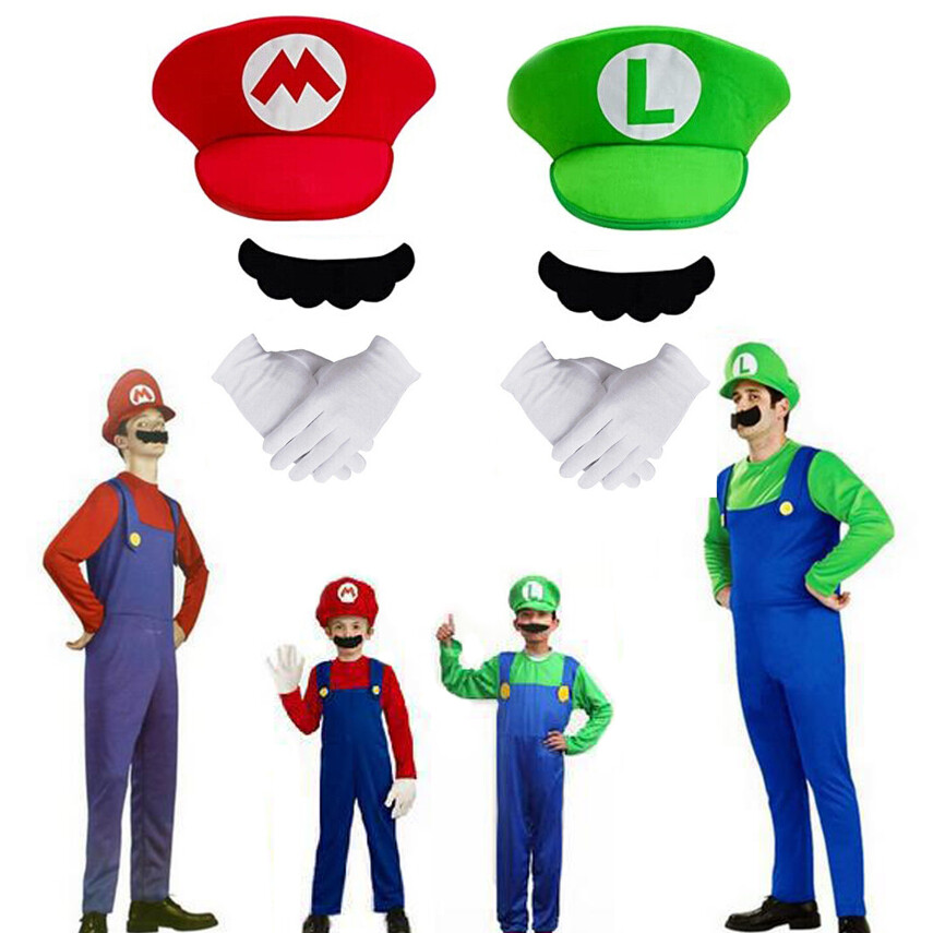 Marypaty Déguisement Mario Et Luigi Enfant Adulte Costume Casquette Gants Moustache Deguisement Mario Bros Jumpman Salopette Cosplay Halloween Carnaval Homme Garcon (Enfants-Rouge, XL