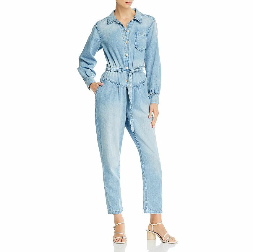 Rebecca Taylor Womens Blue Button-Up Long Sleeve Crop Drapey Denim Jumpsuit XS - Picture 1 of 9