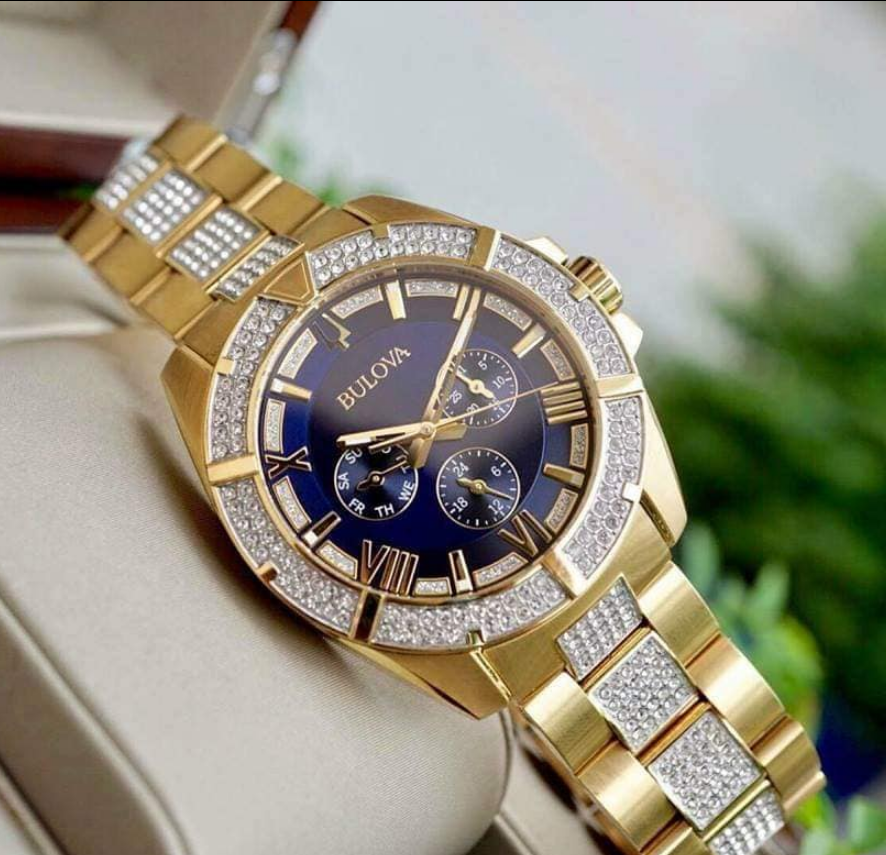Pre-owned Bulova Octava 98c128 Crystal Six Hand Blue Dial Dress Men's Watch