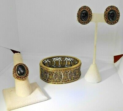 Heidi Daus Scarab Ring Earrings & Clamper Cuff Bangle Bracelet Set Gorgeous!