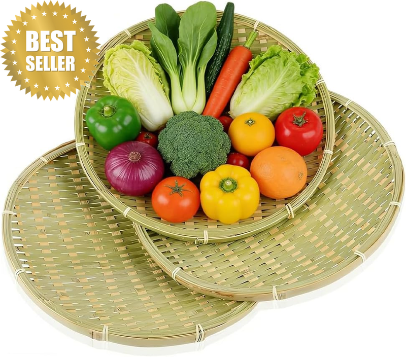 3 Pcs Handwoven Bamboo Tray Set, round Woven Serving Trays, Weave Bread Baskets,