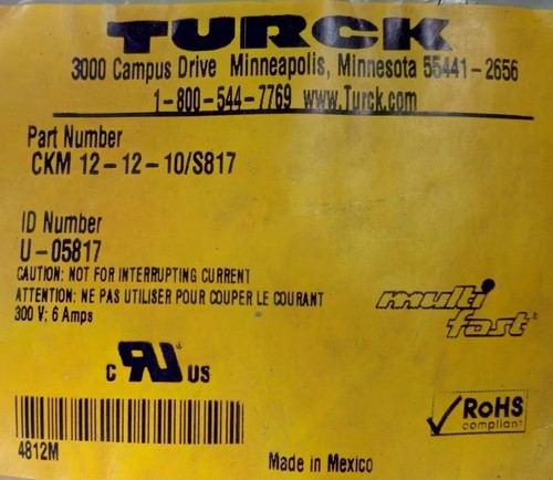 **NEW**TURCK #(CKM 12-12-10/S817) MULTIFAST MOLDED CORDSETS. 12-pin