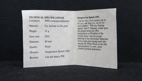 2012 American Mint John F. Kennedy Inaugural speech Gold-Layered Coin COA #935