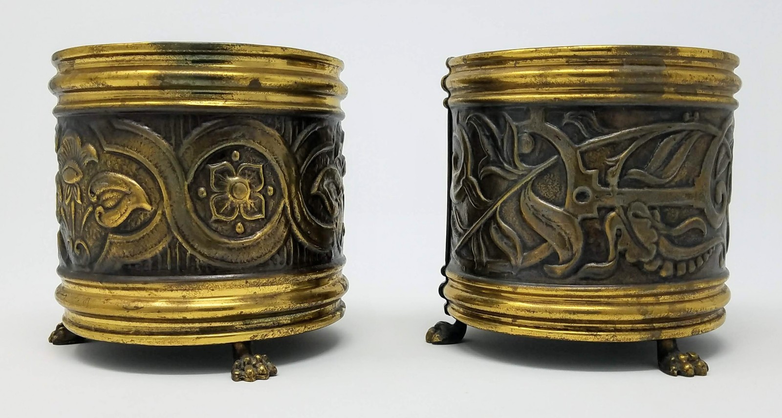 Antique - Hand Embossed Copper Planter x2 - Repousse Brass Bin - Made in Belgium